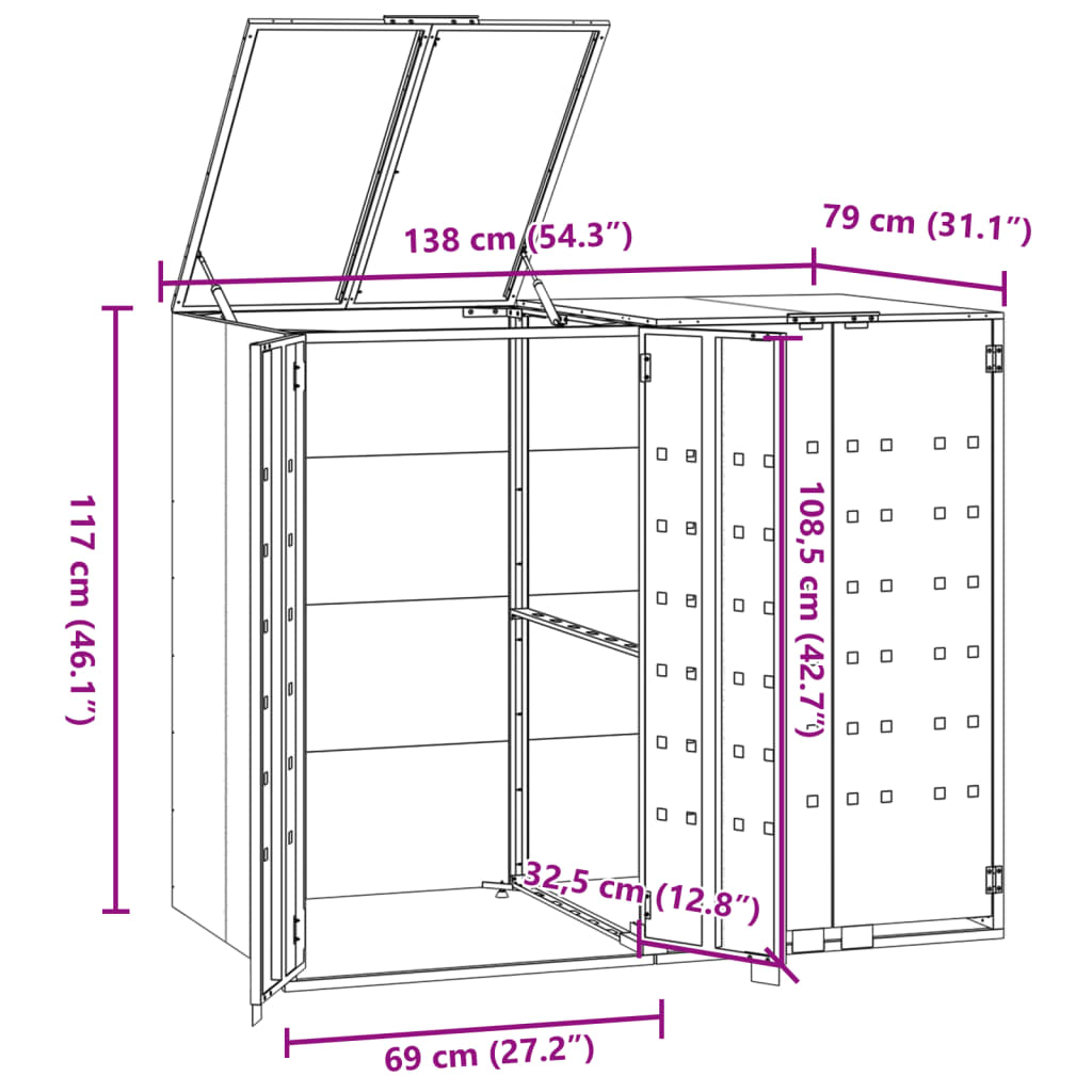 vidaXL Roskalaatikon säilytystila kahdelle harmaa 138x79x117 cm teräs