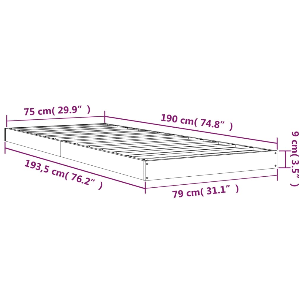 vidaXL Sängynrunko hunajanrusk 75x190 cm täysi mänty Small Single