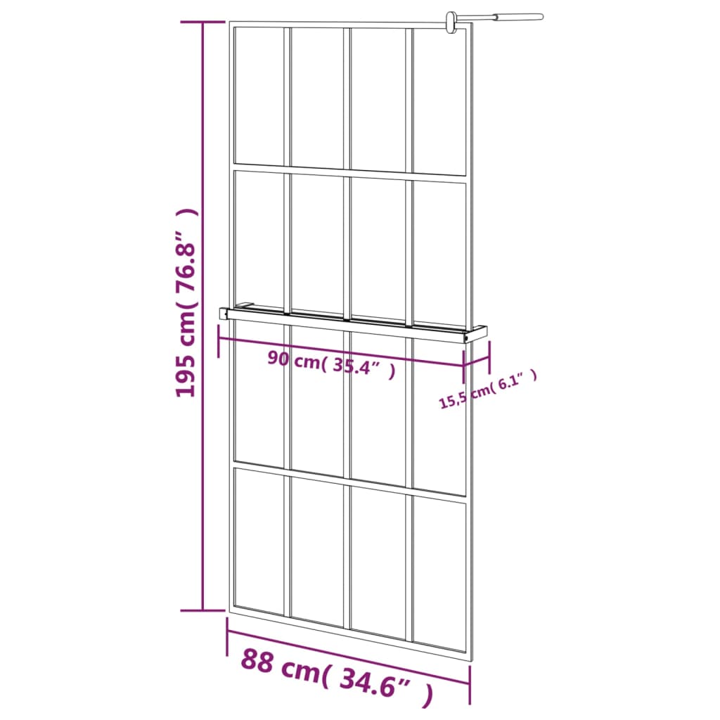 vidaXL Suihkuseinäke hyllyllä musta 90x195 cm ESG lasi ja alumiini