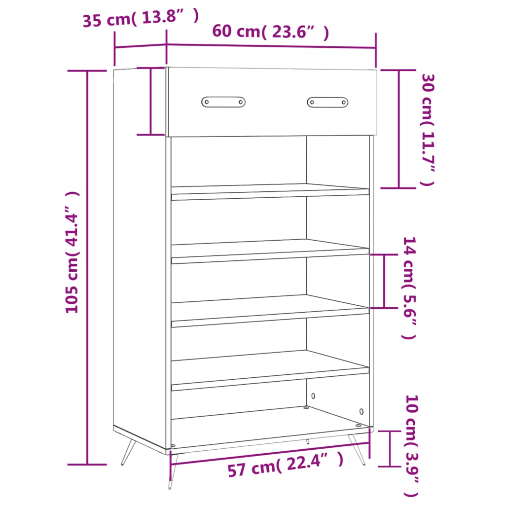 vidaXL Kenkäkaappi harmaa Sonoma 60x35x105 cm tekninen puu