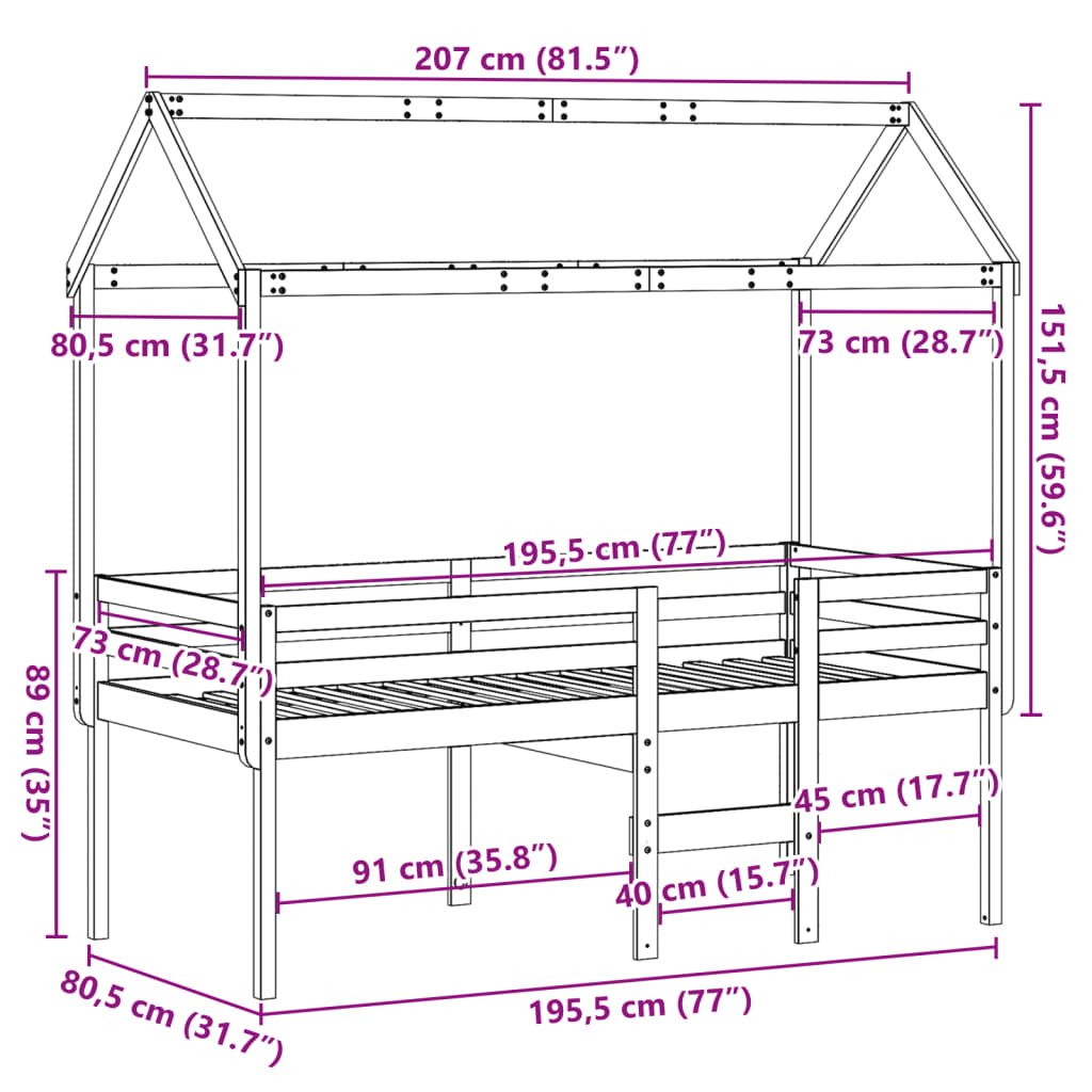 vidaXL Korotettu sänky katolla vahanruskea 75x190 cm täysi mänty