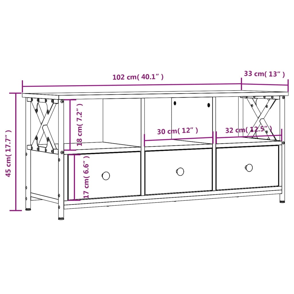 vidaXL TV-taso ruskea tammi 102x33x45 cm tekninen puu ja rauta