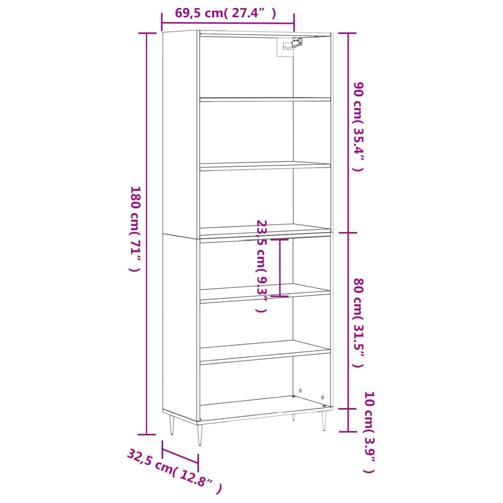 vidaXL Kaappi ruskea tammi 69,5x32,5x180 cm tekninen puu