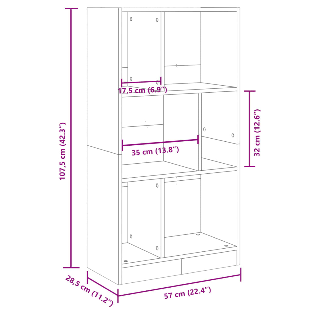 vidaXL Kirjahylly Sonoma-tammi 57x28,5x107,5 cm tekninen puu