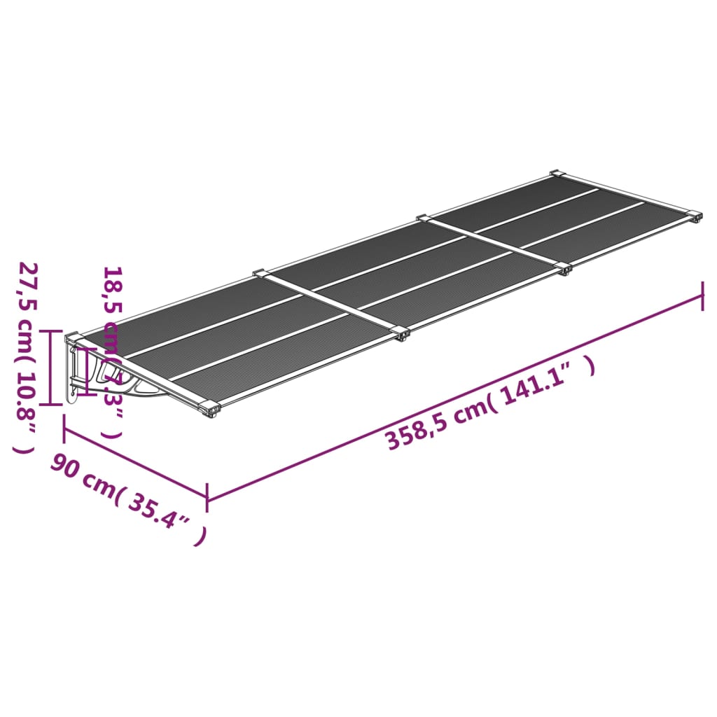 vidaXL Ovikatos musta ja läpinäkyvä 358,5x90 cm polykarbonaatti