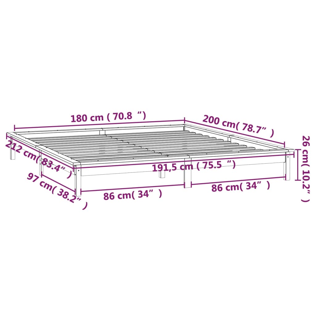 vidaXL Sängynrunko LED harmaa 180x200 cm Super King Size täysi puu