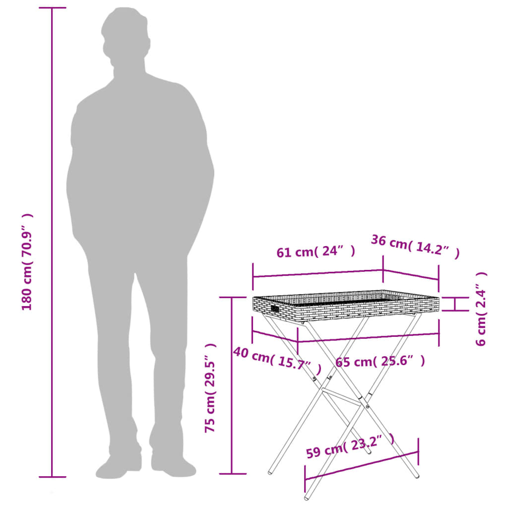 vidaXL Kokoontaittuva tarjotinpöytä musta 65x40x75 cm polyrottinki