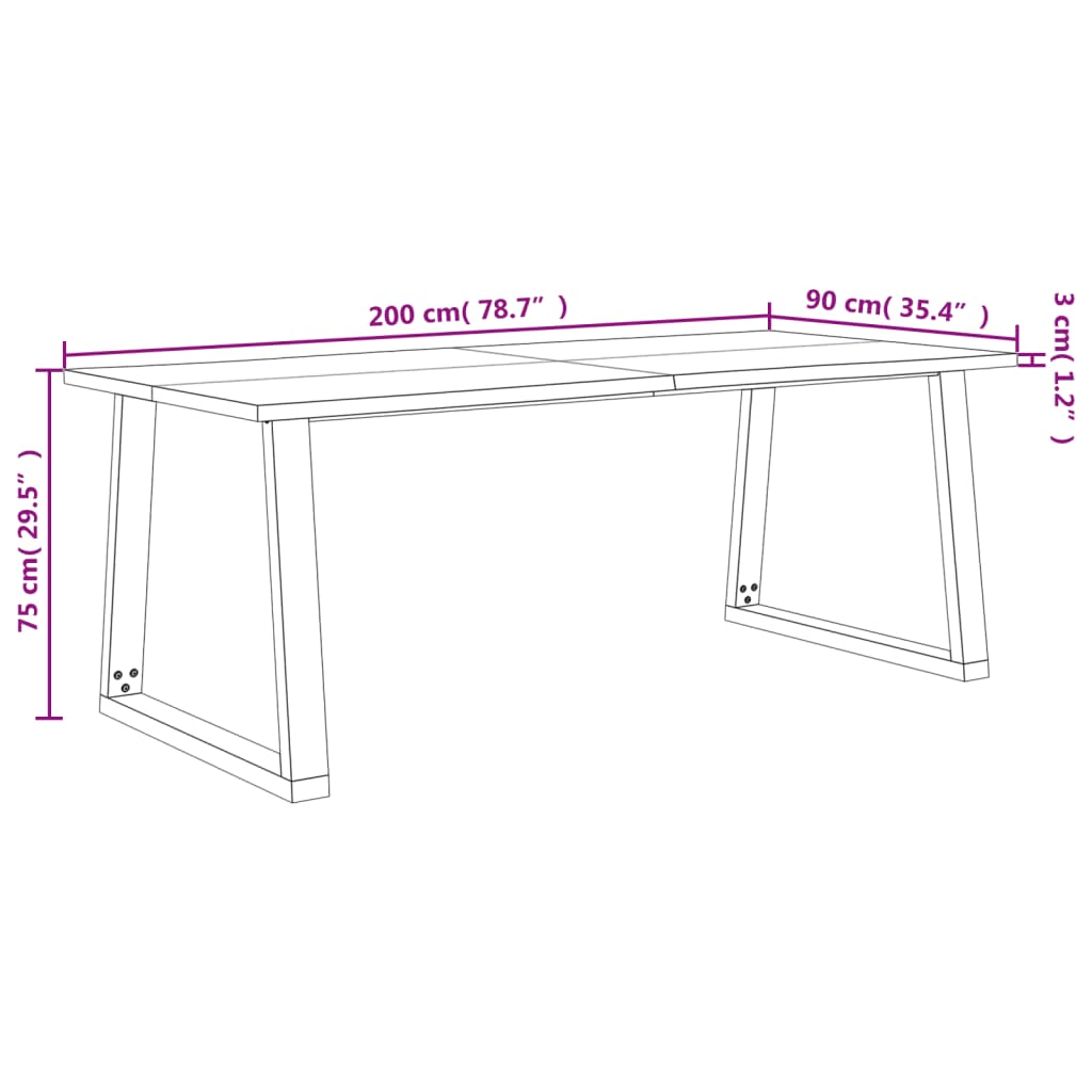 vidaXL Ruokapöytä elävillä reunoilla 200x90x75 cm täysi akasiapuu