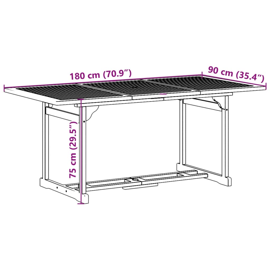 vidaXL 7-osainen Puutarharuokailuryhmä 180x90x75 cm täysi akaasiapuu