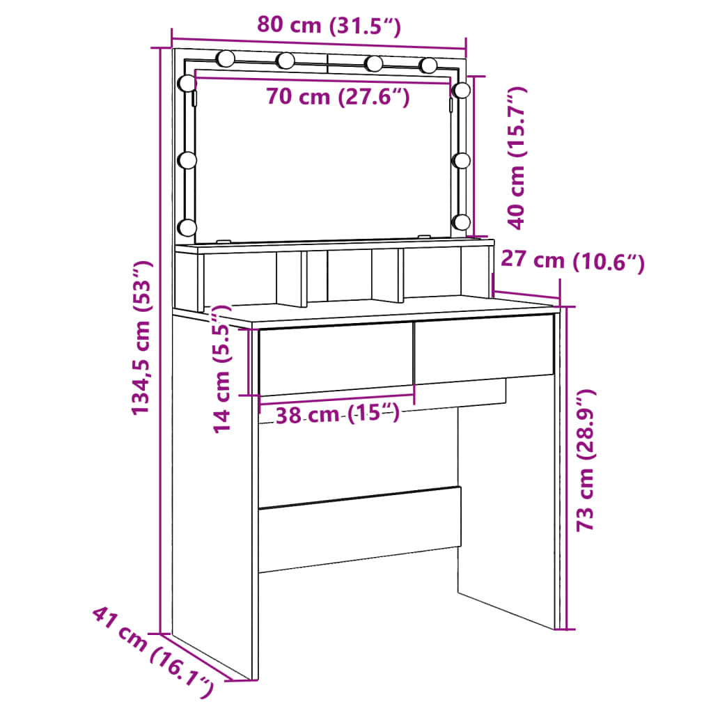 VidaXL Peilipöytä LED-valoilla valkoinen 80x41x134,5 cm