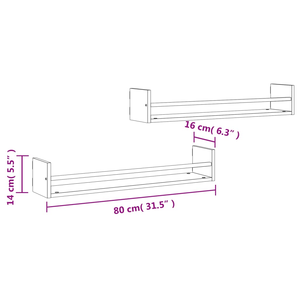 vidaXL Seinähyllyt tangoilla 2 kpl harmaa Sonoma 80x16x14 cm