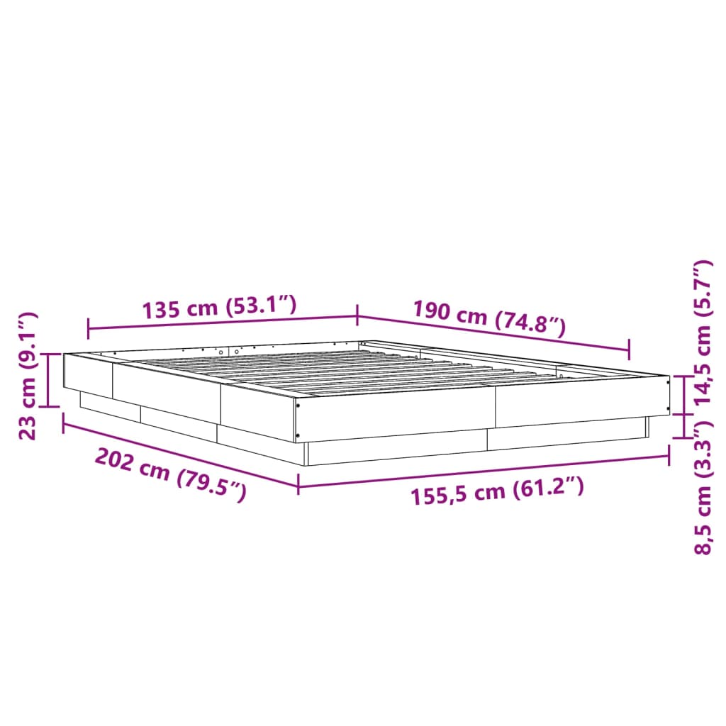 vidaXL Sängynrunko LED-valoilla valkoinen 135x190 cm tekninen puu