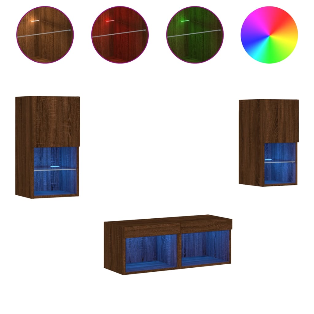 vidaXL 4-osainen TV-seinäkaappisarja LED-valoilla ruskea tammi