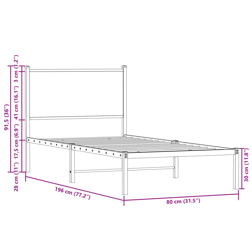 vidaXL Metallinen sängynrunko ilman patjaa savutammi 75x190 cm