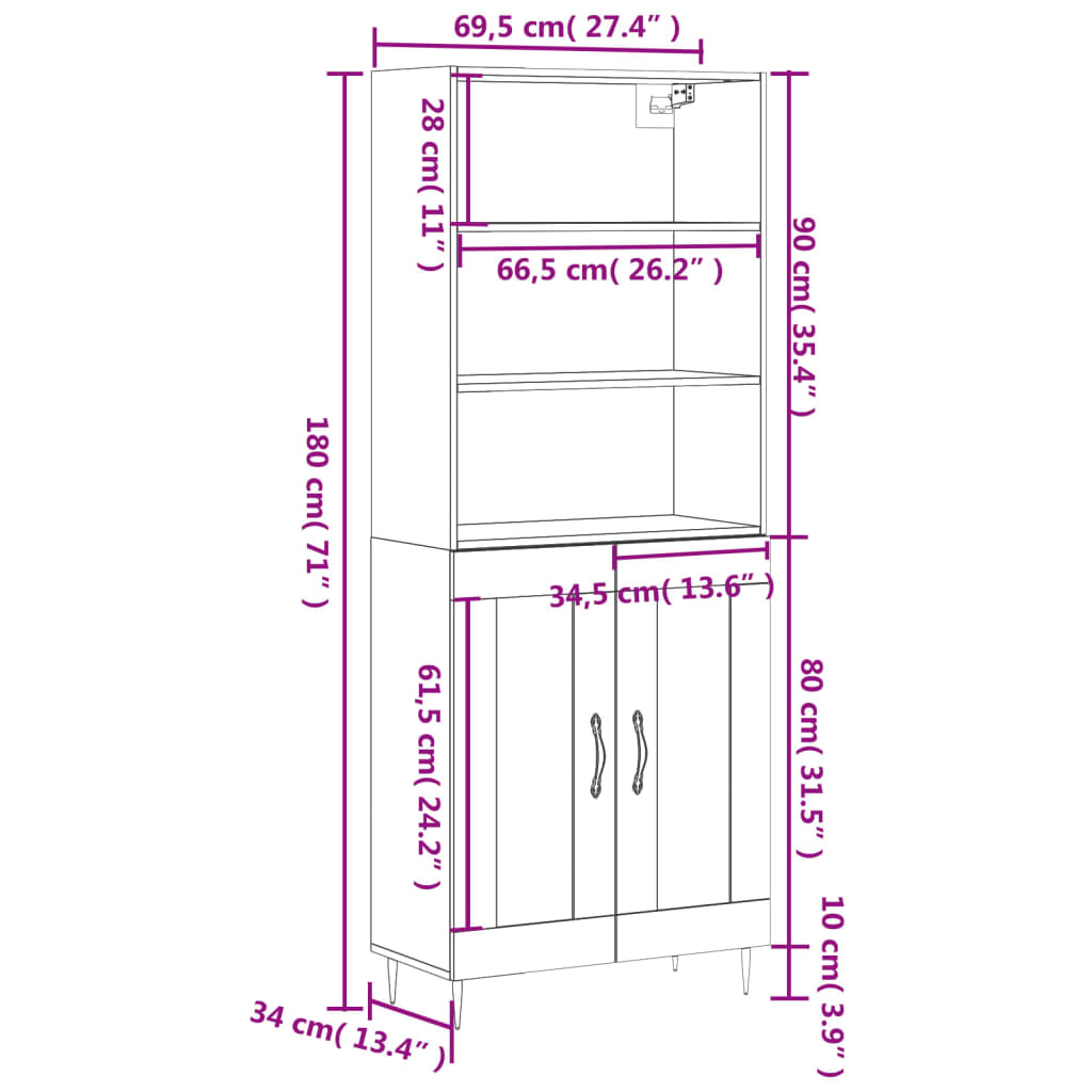 vidaXL Kaappi ruskea tammi 69,5x34x180 cm tekninen puu