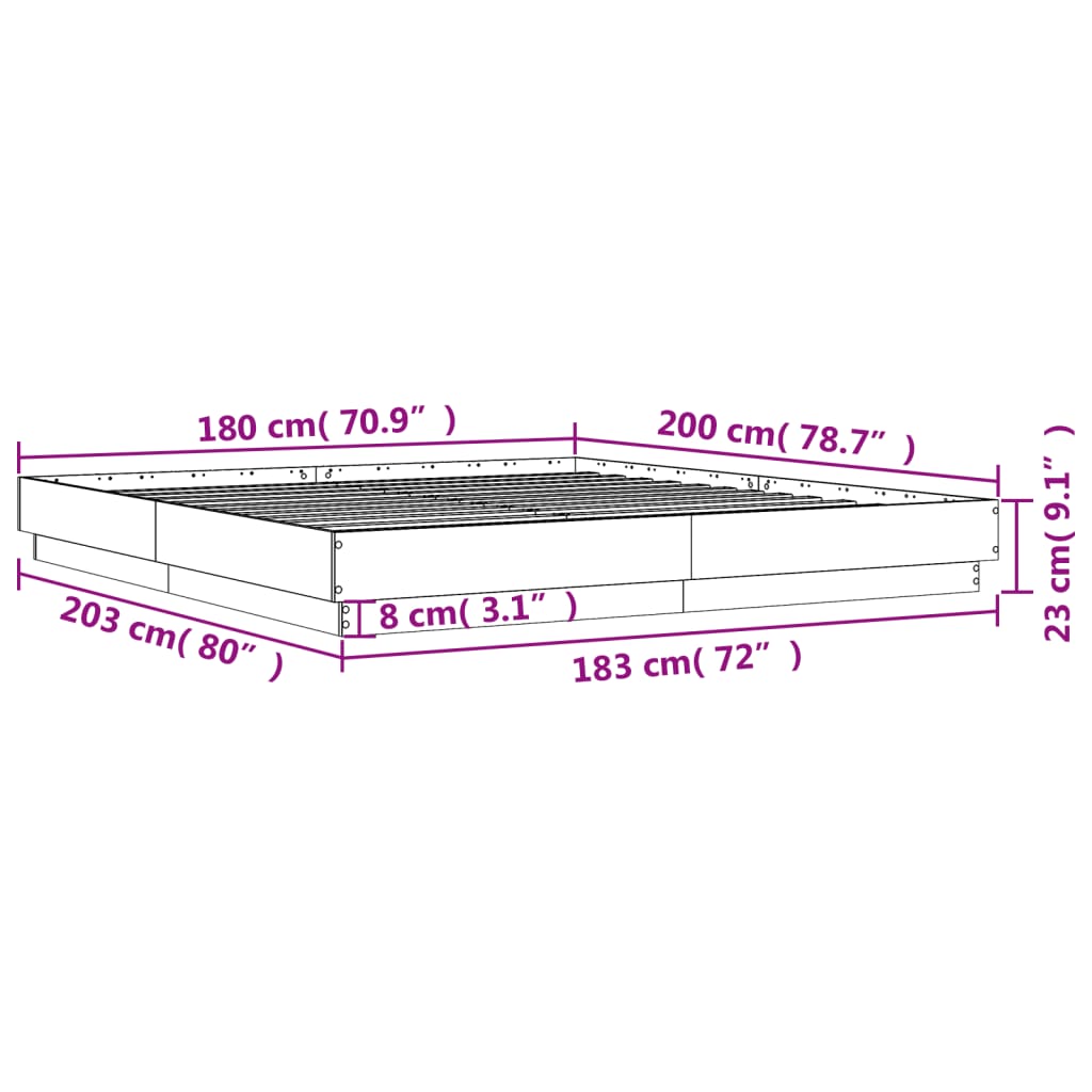 vidaXL Sängynrunko LED-valoilla Sonoma-tammi 180x200 cm