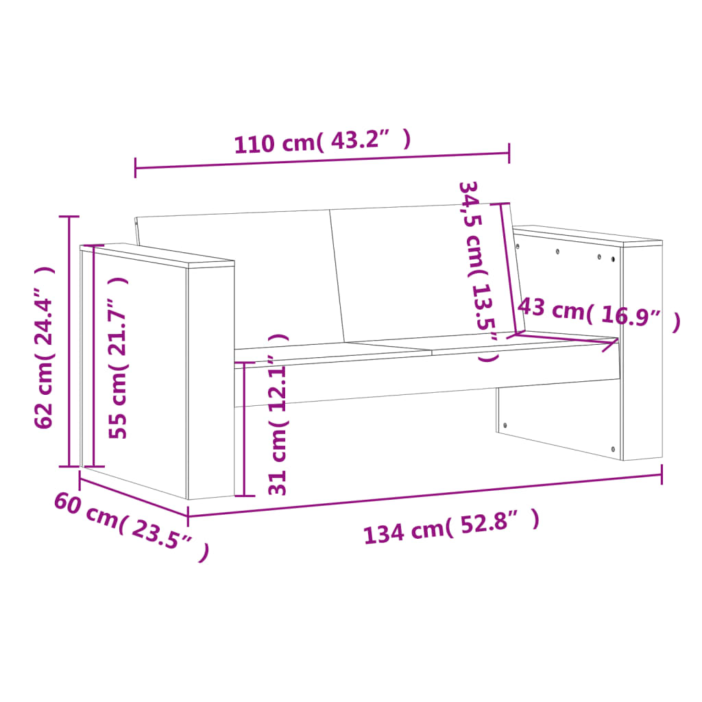 vidaXL Puutarhasohva 2-istuttava 134x60x62 cm täysi douglaskuusi