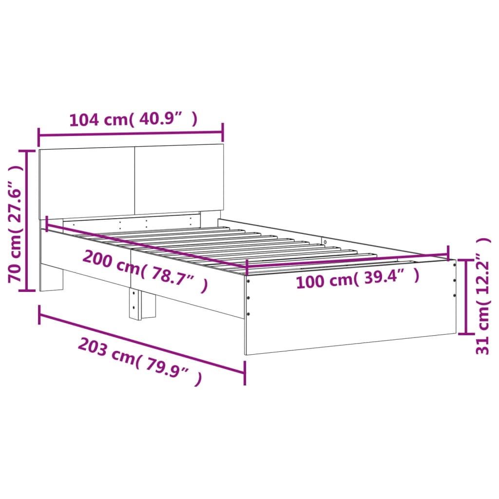 vidaXL Sängynrunko päädyllä ja LED-valoilla harmaa Sonoma 100x200 cm