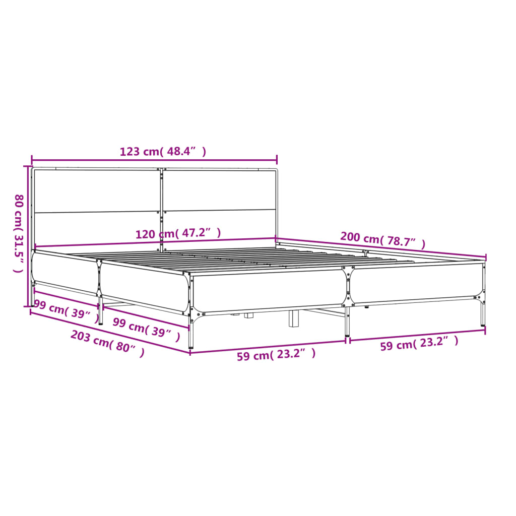 vidaXL Sängynrunko ruskea tammi 120x200 cm tekninen puu ja metalli