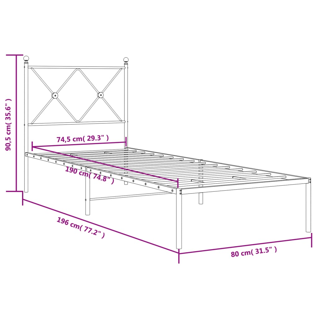 vidaXL Metallisängynrunko ilman patjaa päätylevy valkoinen 75x190 cm