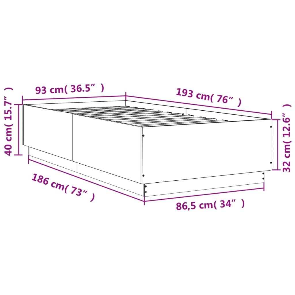 vidaXL Sängynrunko LED-valoilla Sonoma-tammi 90x190 cm tekninen puu