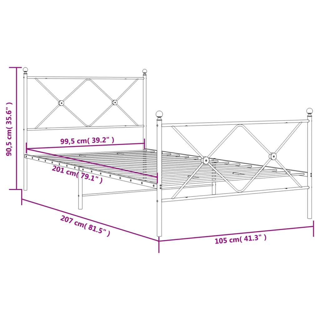 vidaXL Metallinen sängynrunko päädyillä valkoinen 100x200 cm