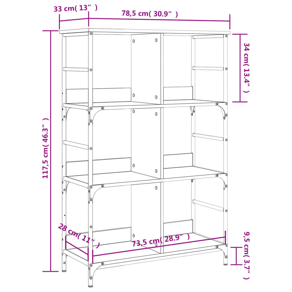 vidaXL Kirjahylly Sonoma-tammi 78,5x33x117,5 cm tekninen puu