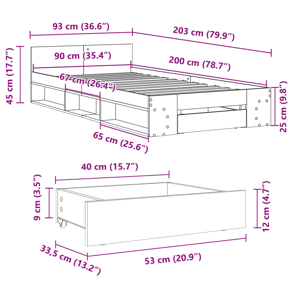 vidaXL Sängynrunko laatikolla Sonoma-tammi 90x200 cm tekninen puu