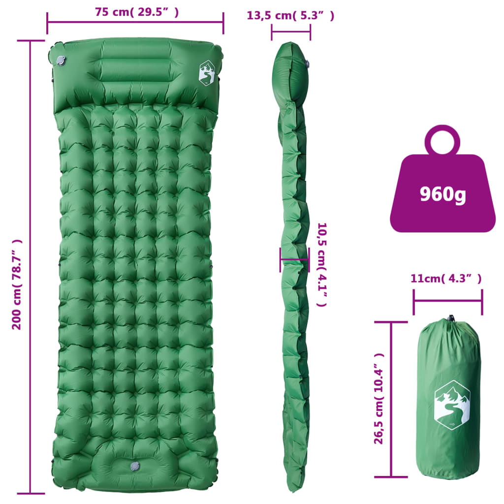 vidaXL Itsetäyttyvä retkeilypatja tyynyllä vihreä