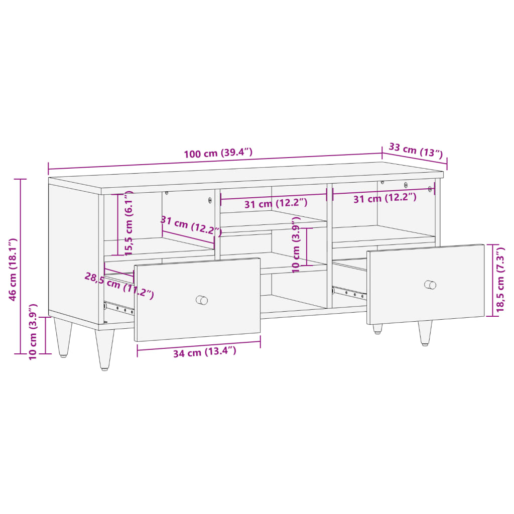 vidaXL TV-taso 100x33x46 cm täysi mangopuu