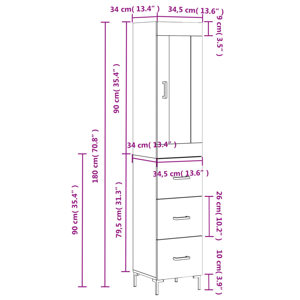 vidaXL Kaappi ruskea tammi 34,5x34x180 cm tekninen puu