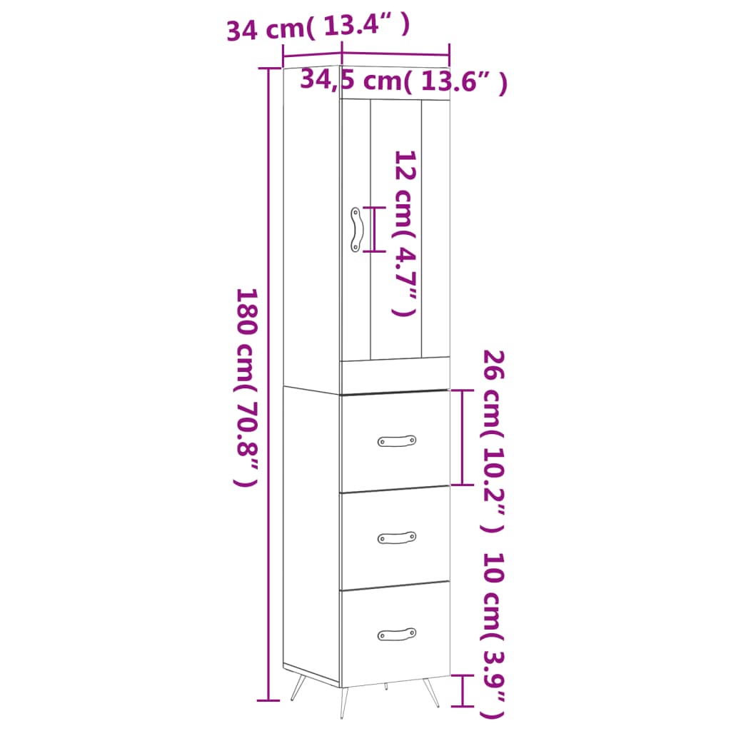 vidaXL Kaappi musta 34,5x34x180 cm tekninen puu