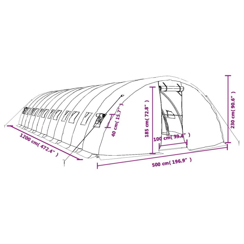 vidaXL Kasvihuone teräsrungolla valkoinen 60 m² 12x5x2,3 m