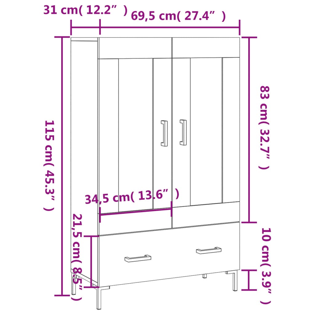 vidaXL Kaappi harmaa Sonoma 69,5x31x115 cm tekninen puu