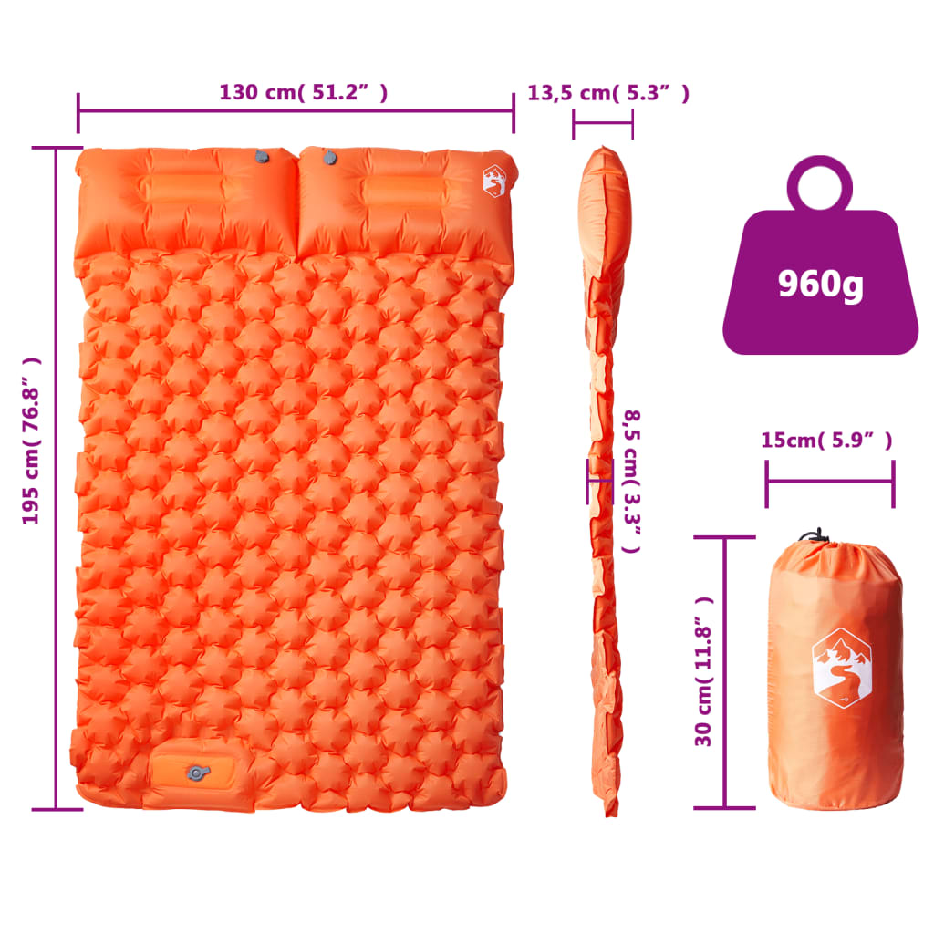 vidaXL Itsetäyttyvä retkeilypatja tyynyillä 2 hengelle oranssi