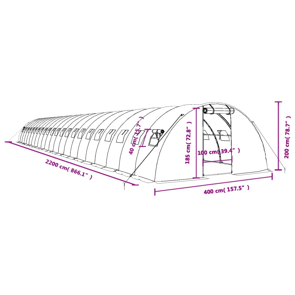 vidaXL Kasvihuone teräsrungolla vihreä 88 m² 22x4x2 m