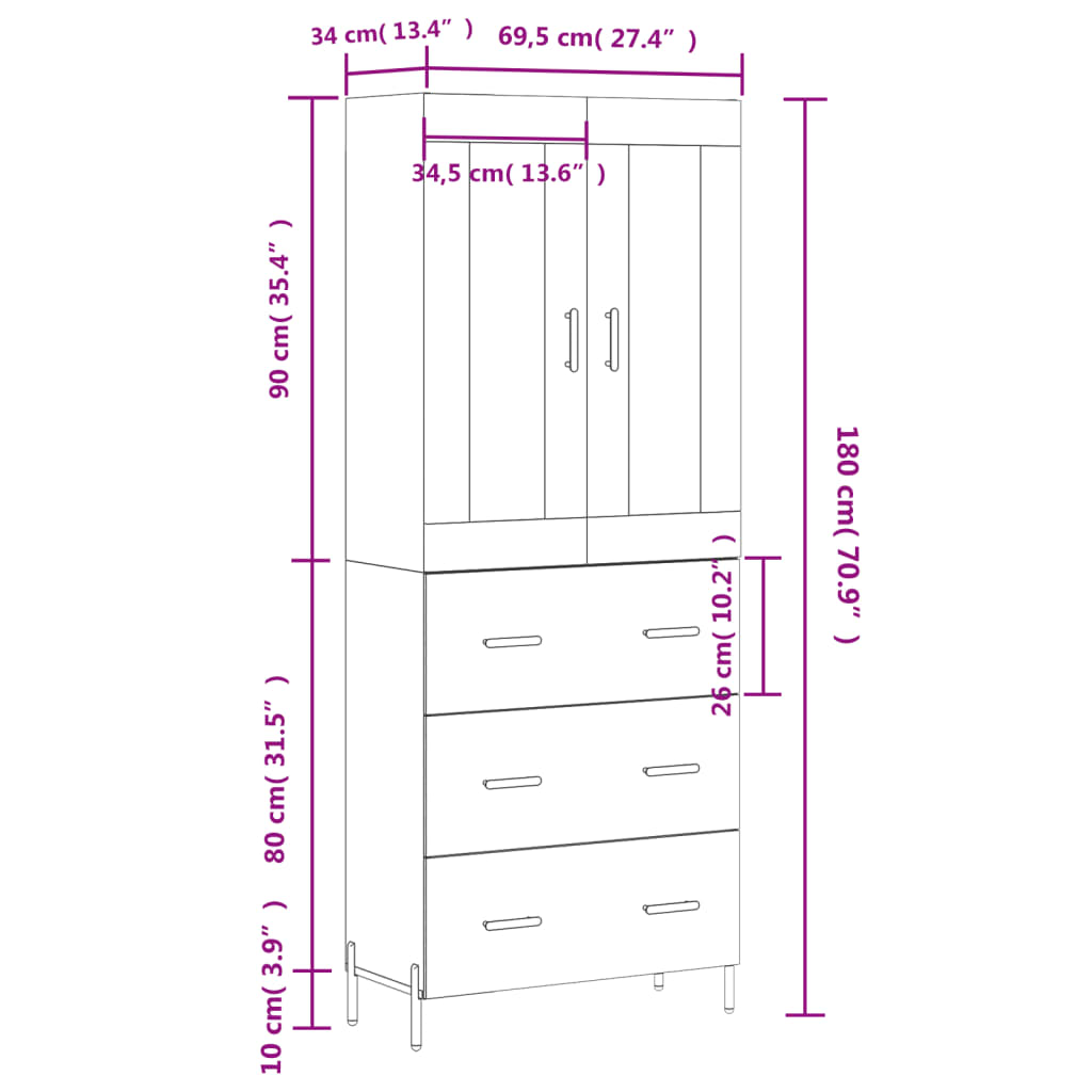 vidaXL Kaappi betoninharmaa 69,5x34x180 cm tekninen puu