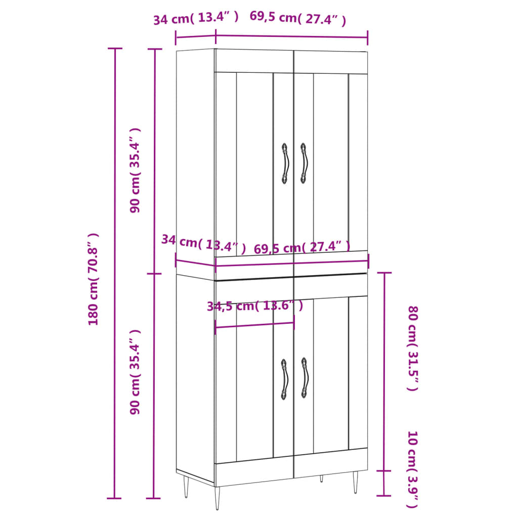 vidaXL Kaappi betoninharmaa 69,5x34x180 cm tekninen puu