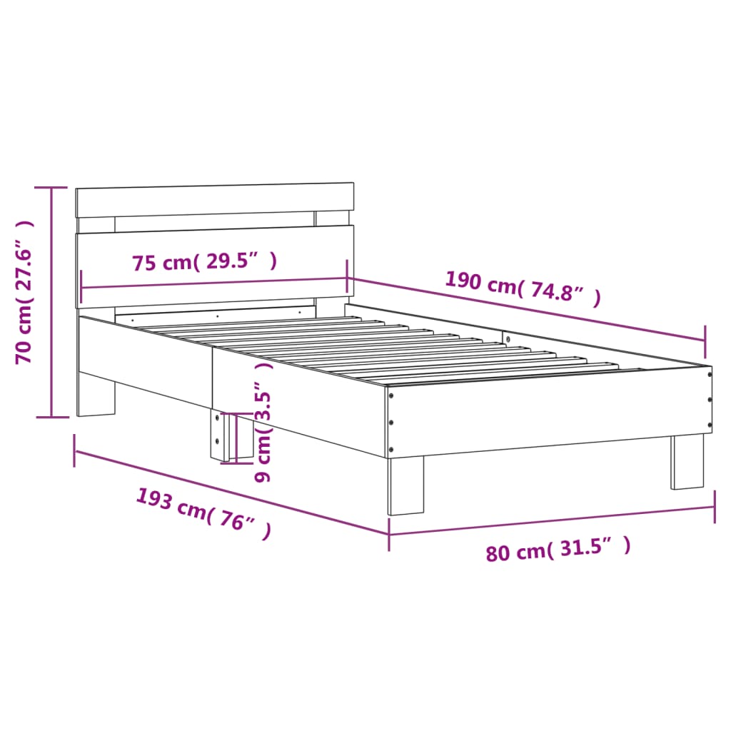 vidaXL Sängynrunko päädyllä ruskea tammi 75x190 cm tekninen puu