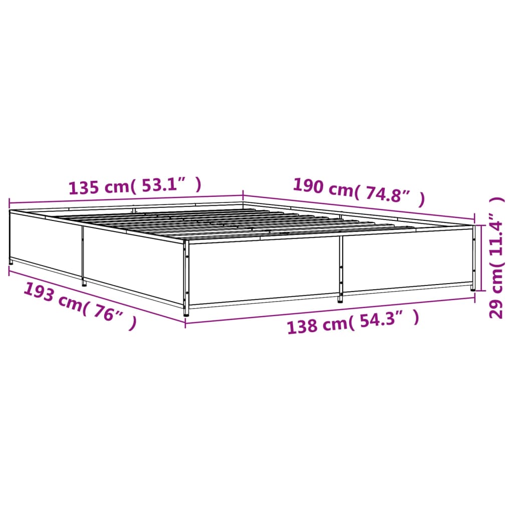 vidaXL Sängynrunko ruskea tammi 135x190 cm tekninen puu ja metalli