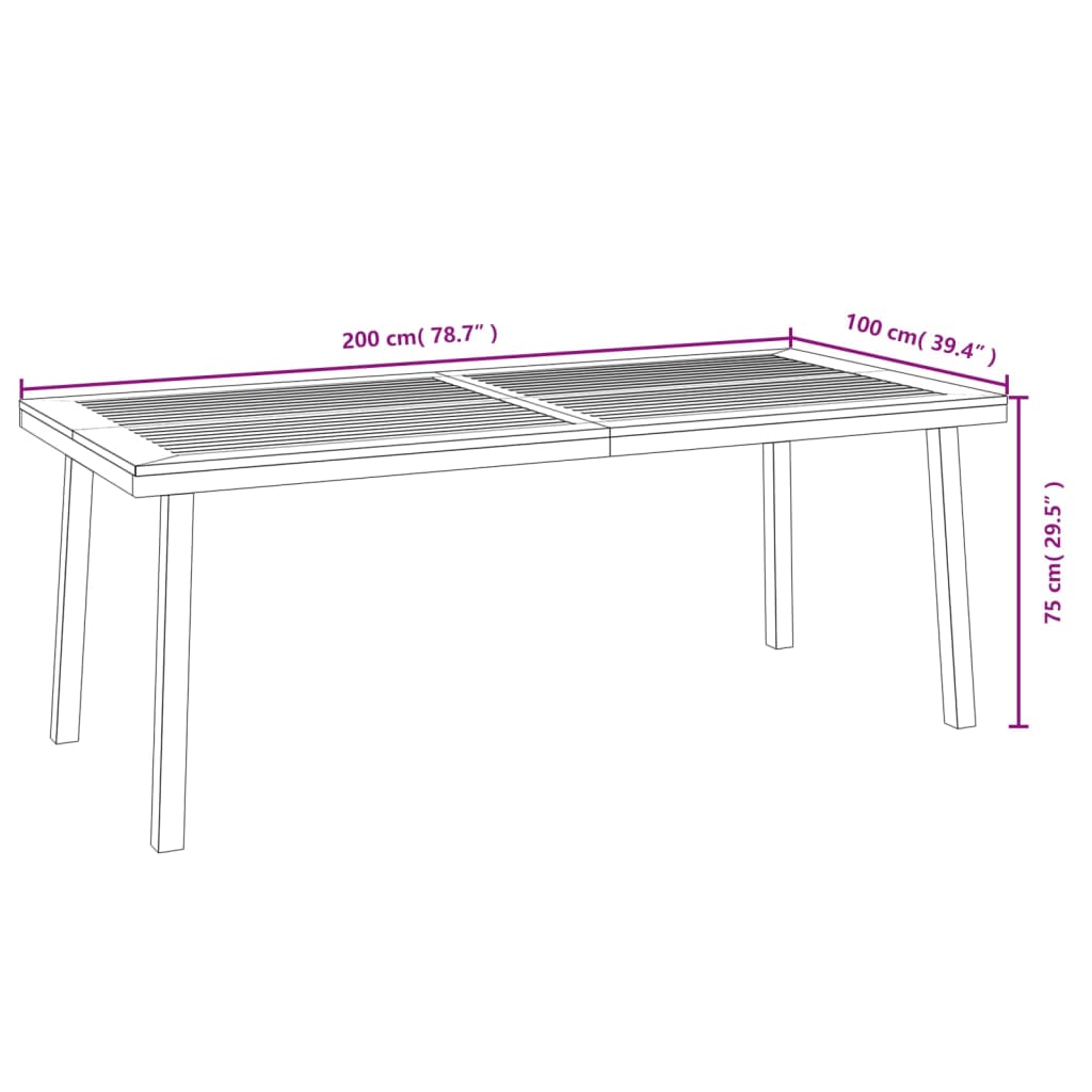 vidaXL Puutarhapöytä 200x100x75 cm täysi akasiapuu