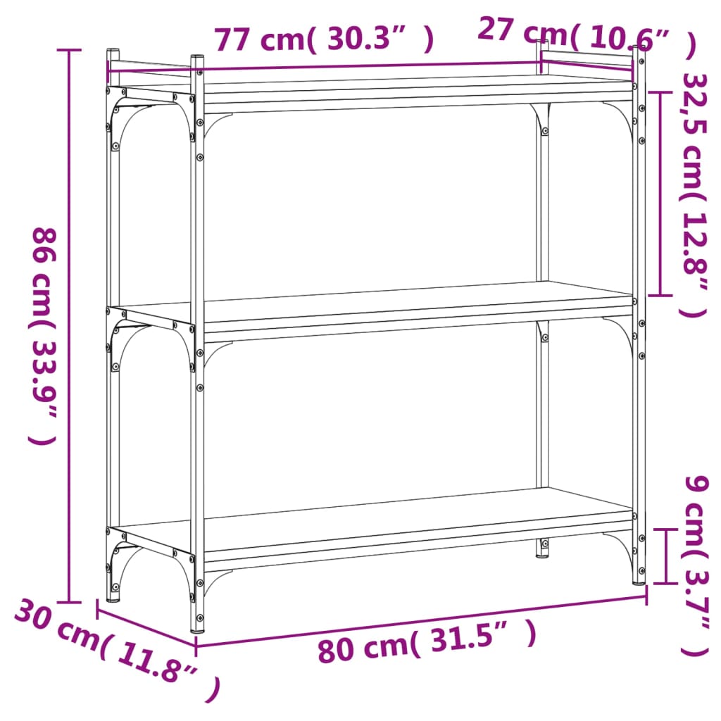 vidaXL Kirjahylly 3 kerrosta musta 80x30x86 cm tekninen puu