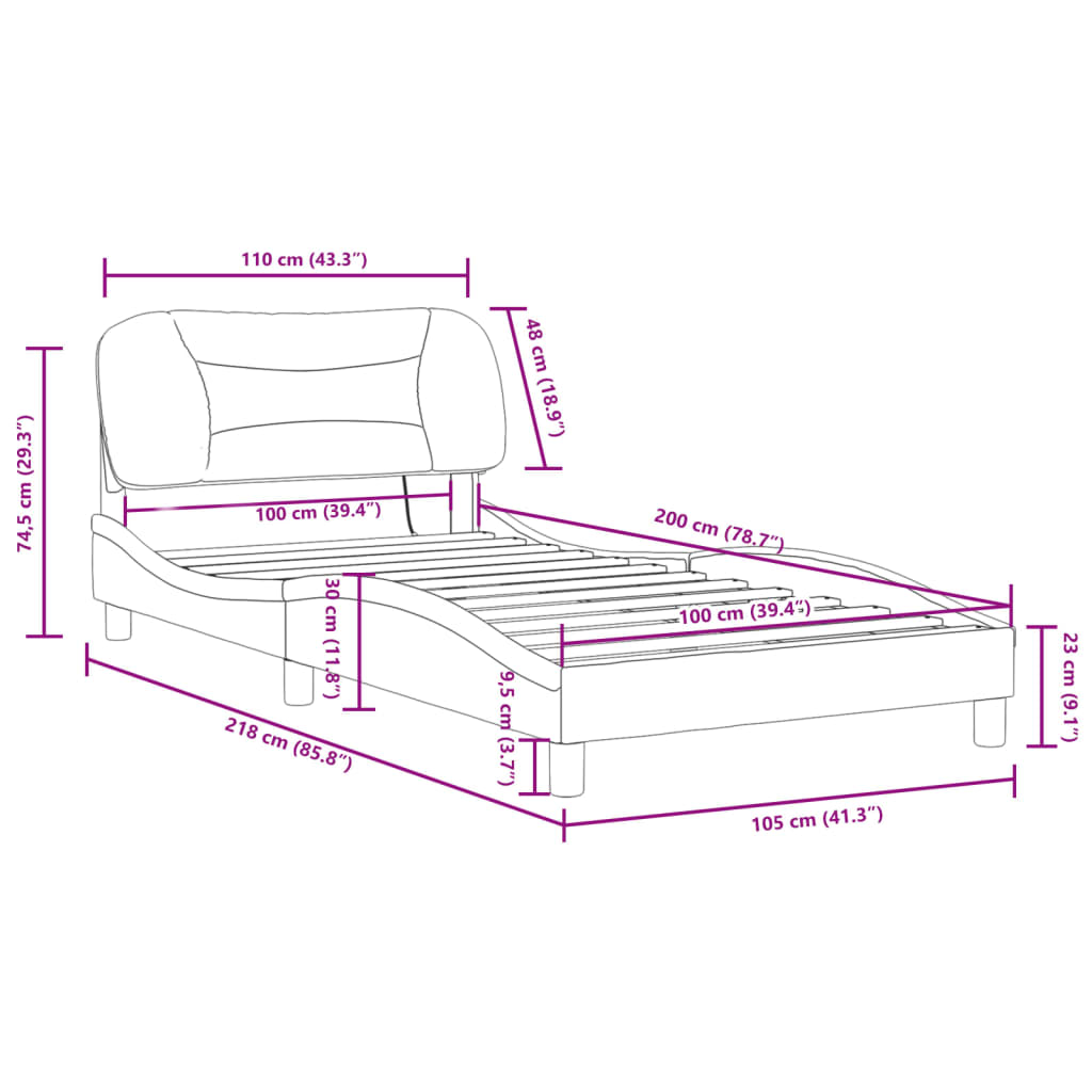 vidaXL Sängynrunko LED-valoilla musta/valkoinen 100x200 cm keinonahka