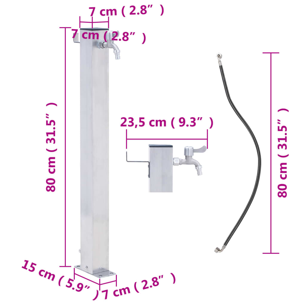 vidaXL Puutarhan vesipylväs 80 cm ruostumaton teräs neliskulmainen