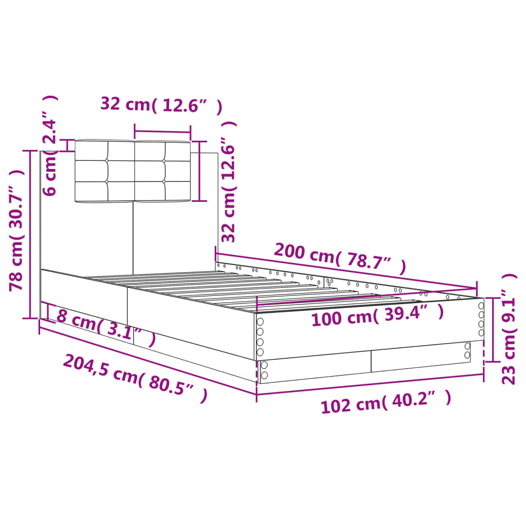 vidaXL Sängynrunko päädyllä ruskea tammi 100x200 cm tekninen puu