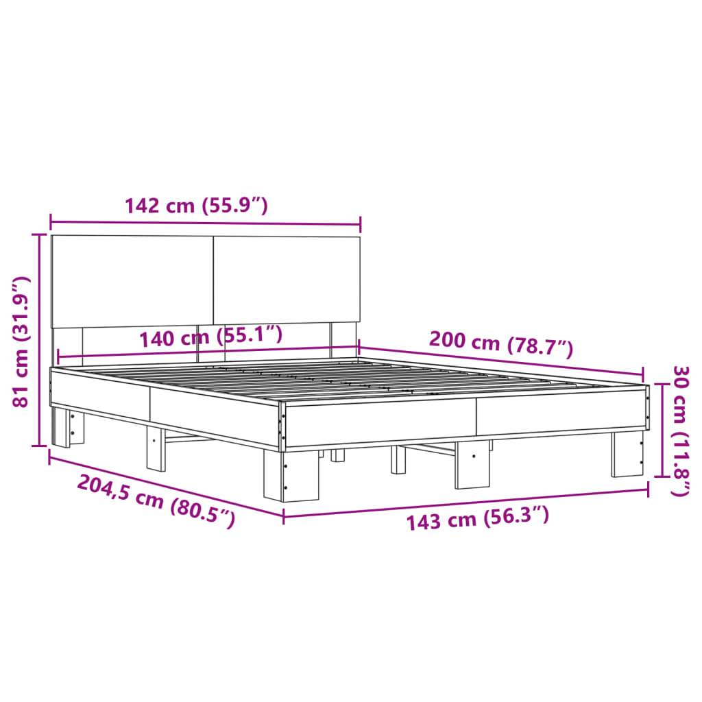 vidaXL Sängynrunko ruskea tammi 140x200 cm tekninen puu ja metalli