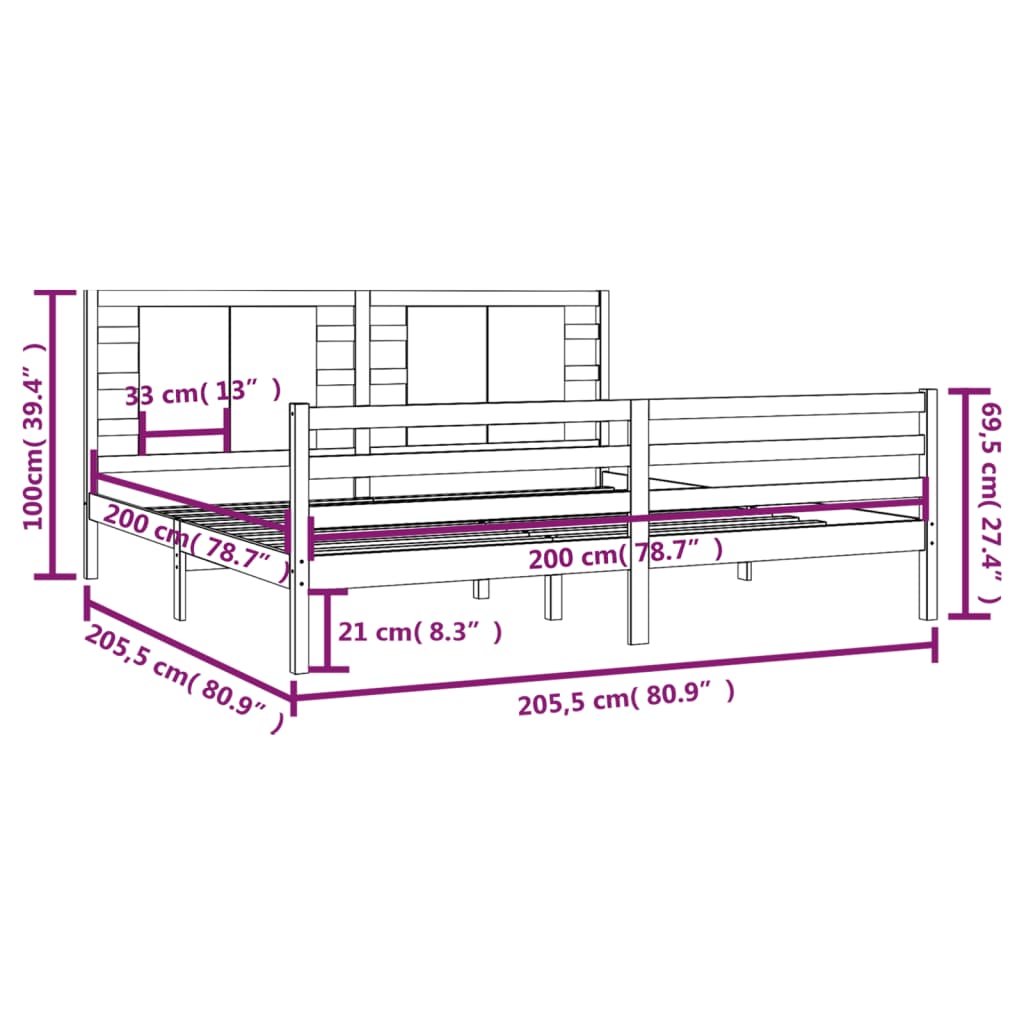 vidaXL Sängynrunko musta täysi mänty 200x200 cm