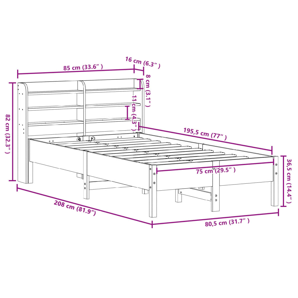 vidaXL Sängynrunko ilman patjaa päädyllä 75x190 cm täysi mänty