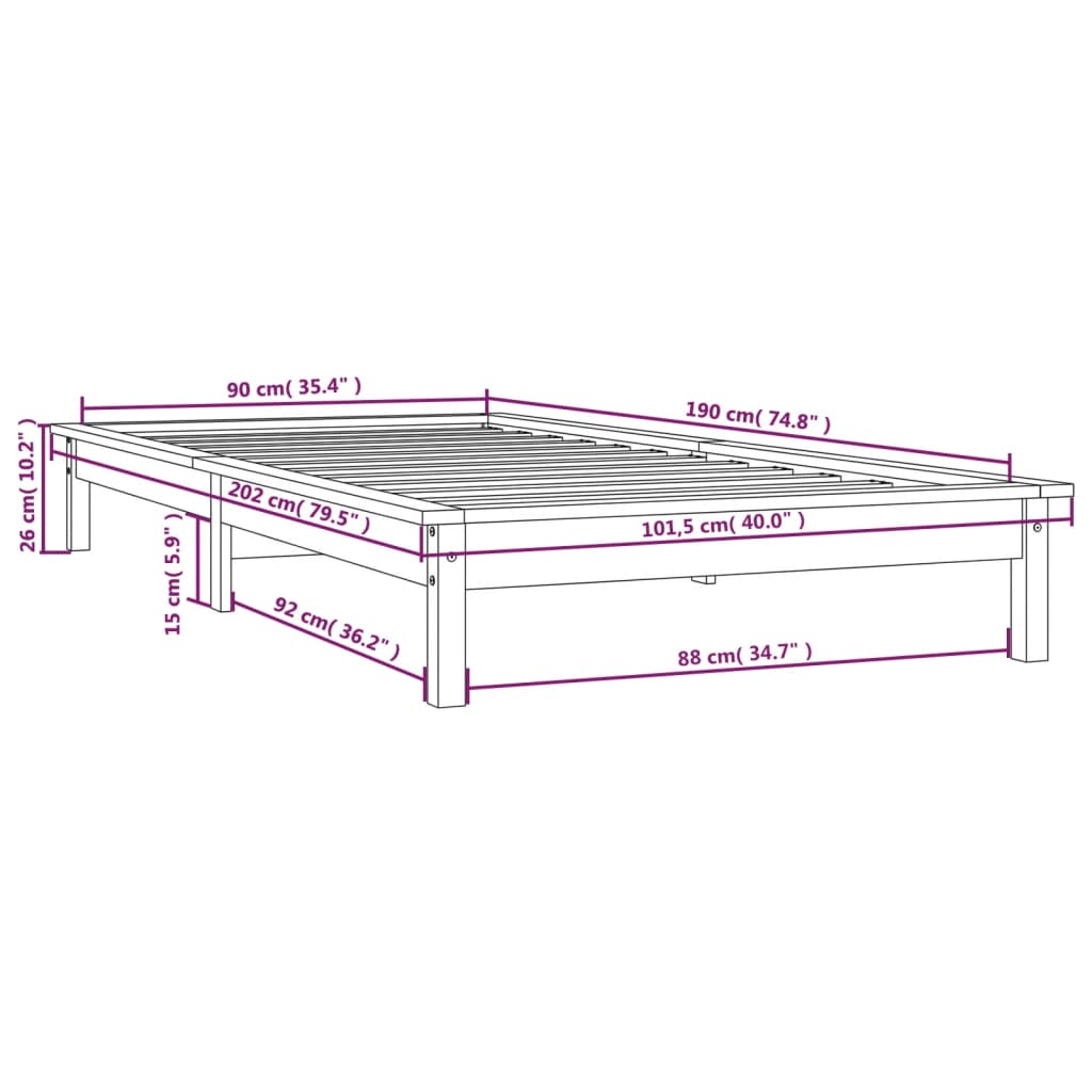 vidaXL Sängynrunko musta 90x190 cm Single täysi mänty