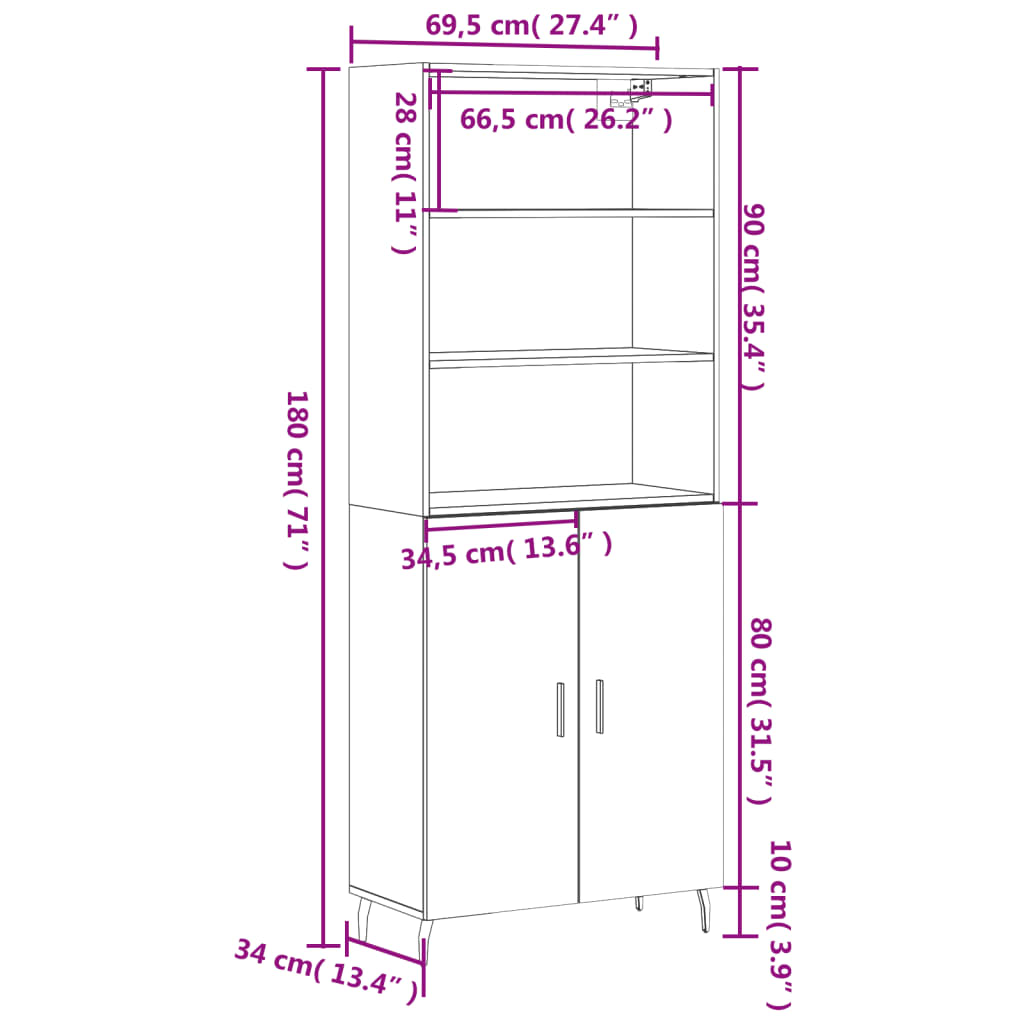 vidaXL Kaappi betoninharmaa 69,5x34x180 cm tekninen puu